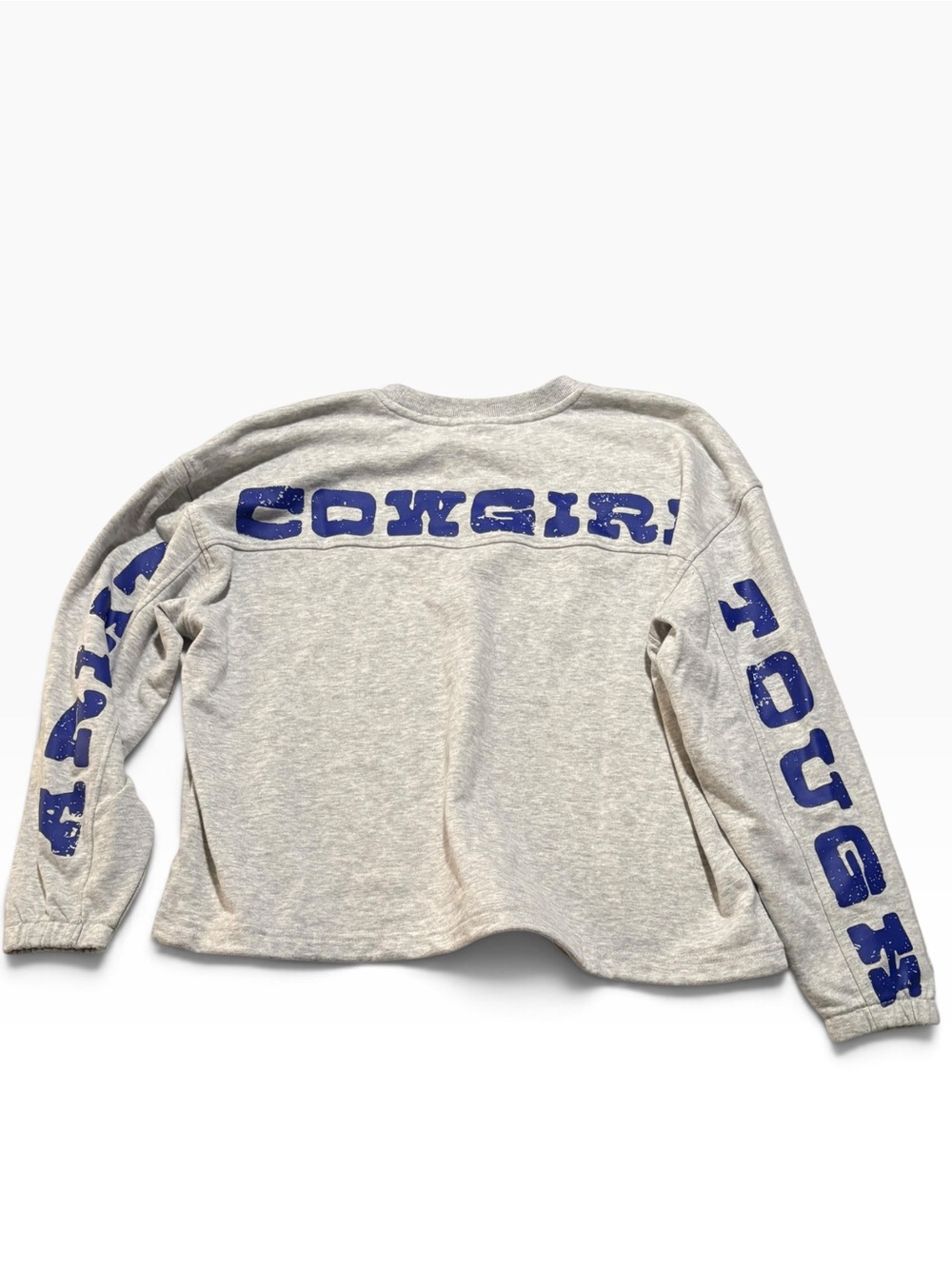 Ariat large cowgirl tough Gray Crewneck Sweatshirt Blue Sleeve Lettering relaxed